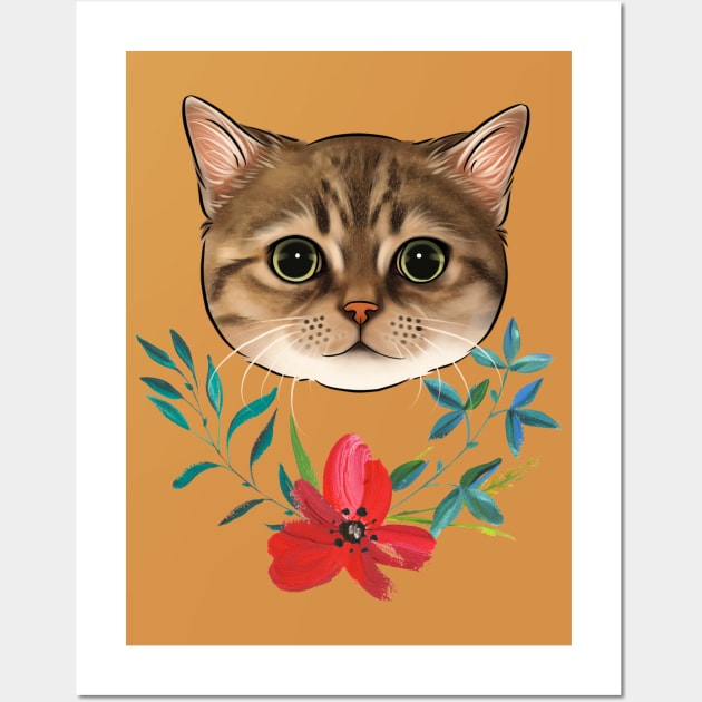 Tabby Cat With Flowers Wall Art by vanityvibes